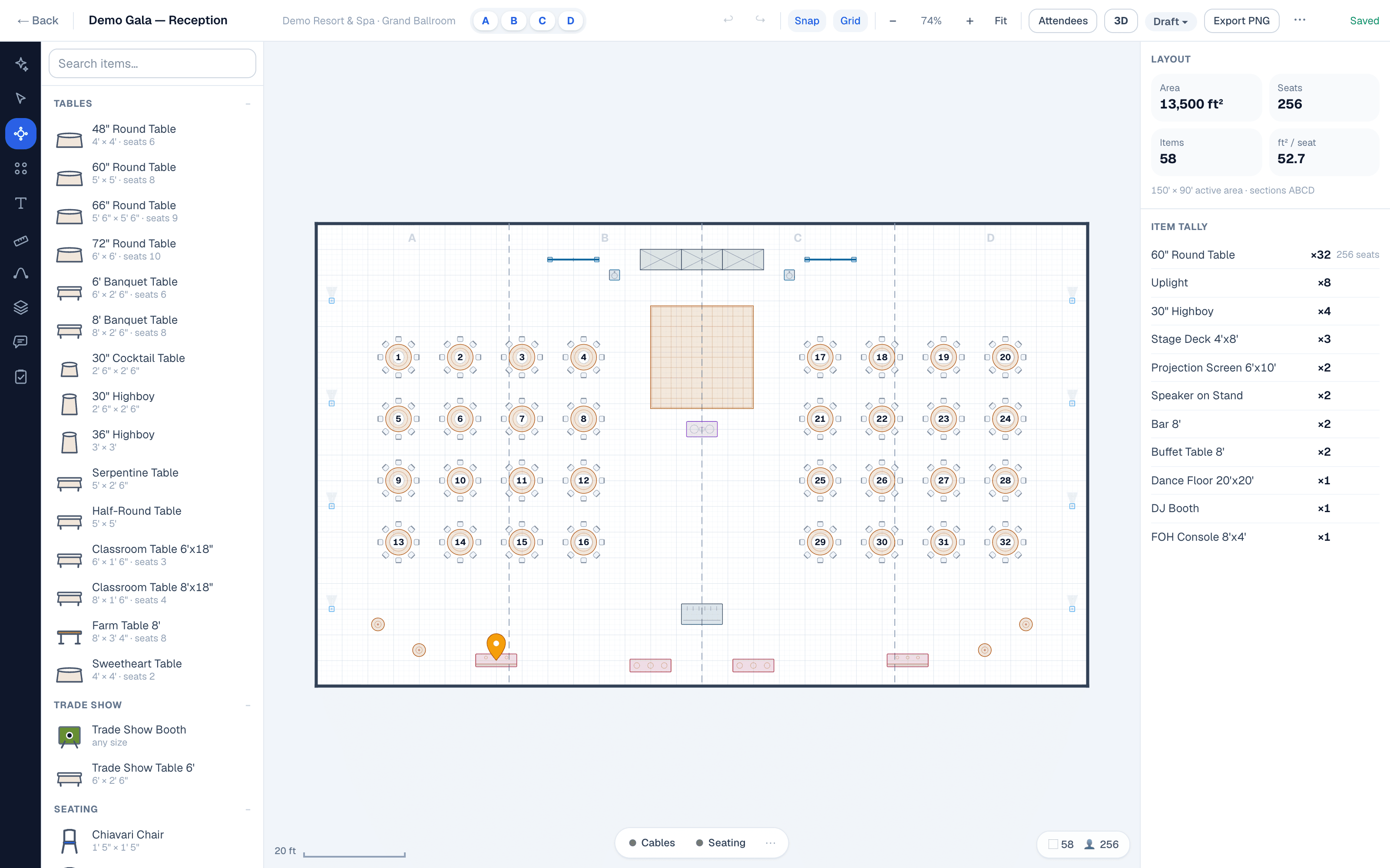 EventDiagram editor showing a gala reception plot: stage decks, projection screens, speakers on stands, FOH console, dance floor and 32 rounds, with a live item tally