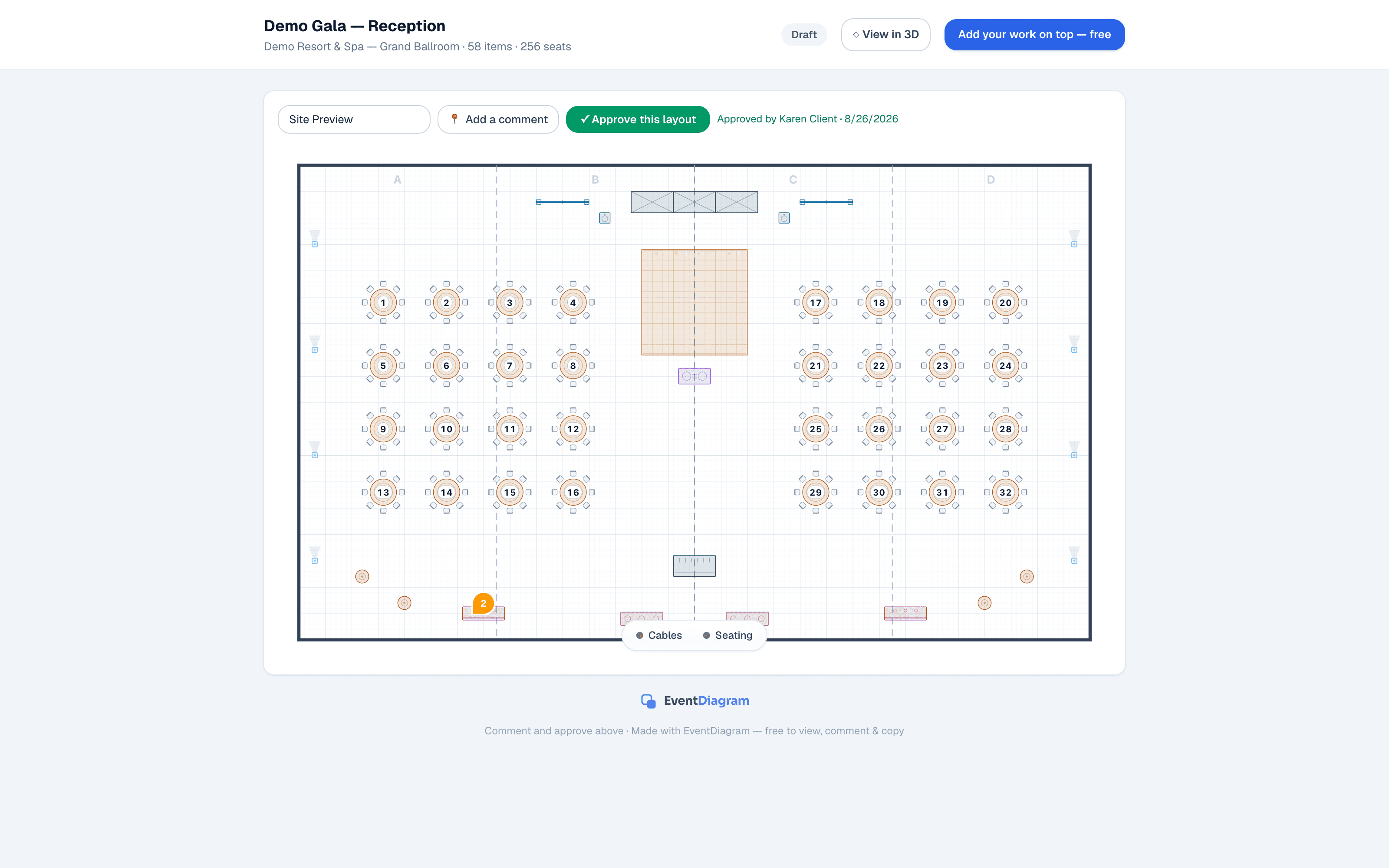 A shared EventDiagram plan as a client sees it, with a comment pin, an Approve this layout button, and an approval timestamp