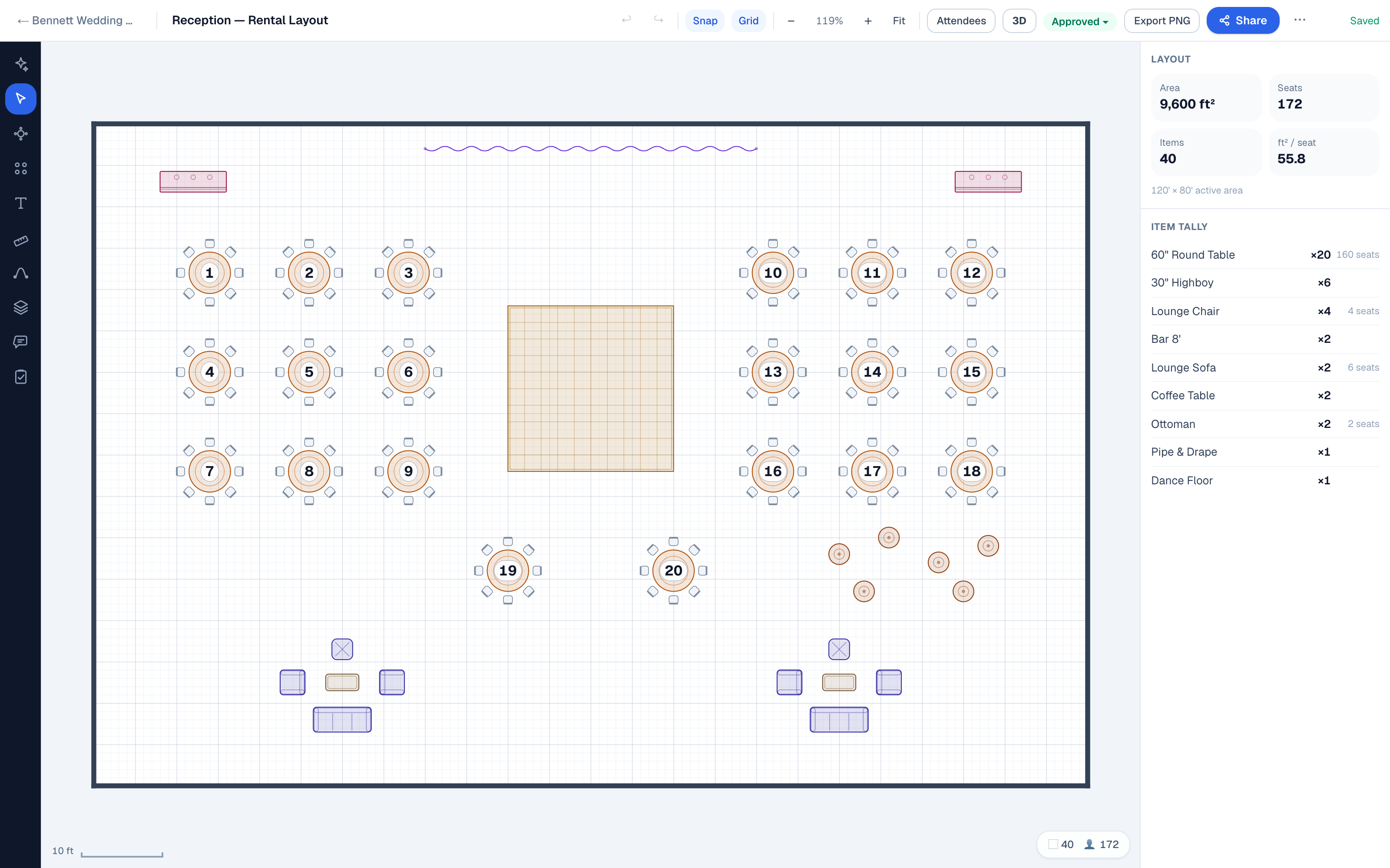 EventDiagram editor with a rental sales drawing: 20 numbered rounds of 8, a 20′ dance floor with drape backdrop, two bars, a six-highboy cocktail cluster, and two lounge vignettes of sofa, chairs, coffee table, and ottoman — the item tally showing 172 seats