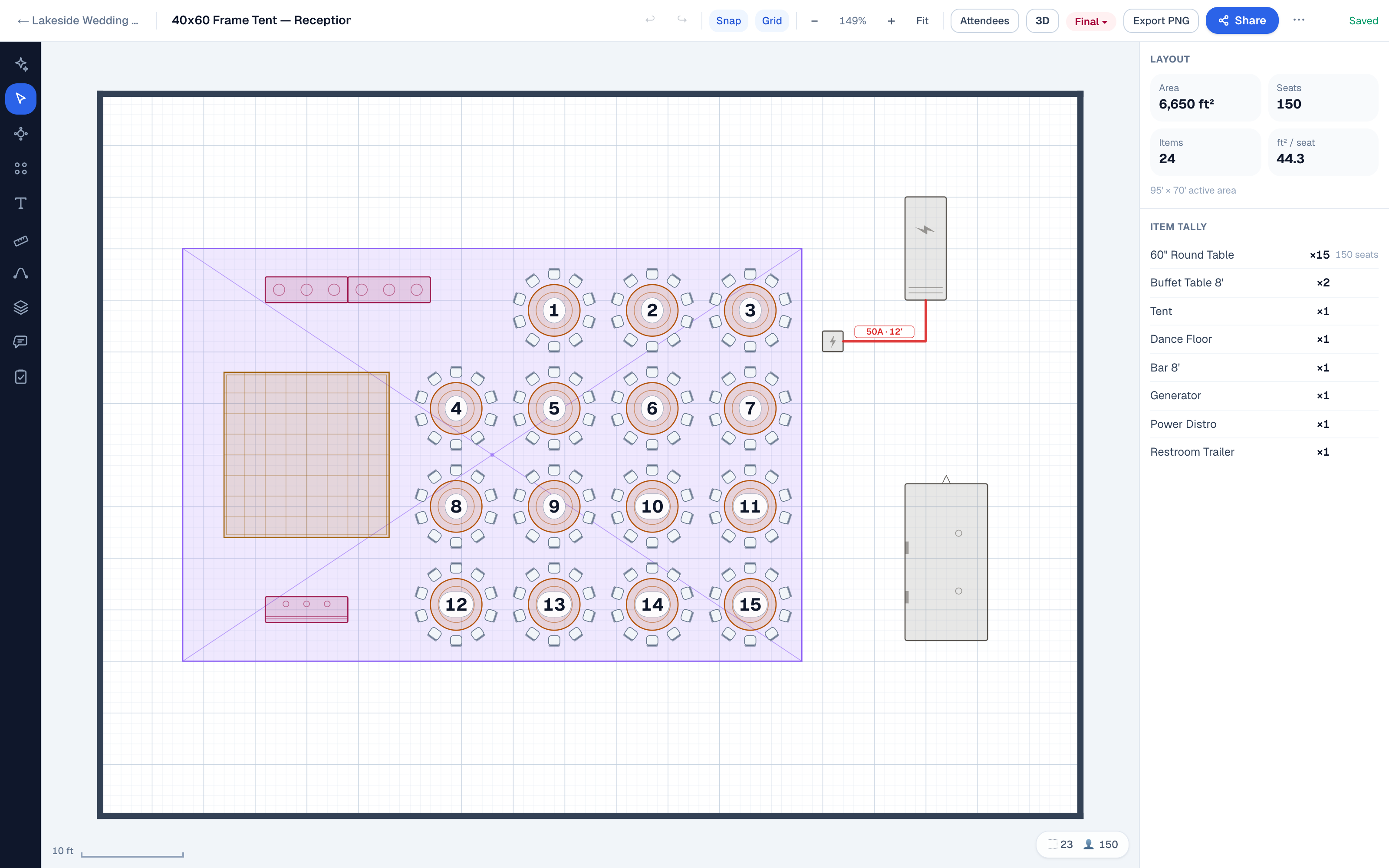 EventDiagram editor with a parametric 40′ × 60′ tent: 15 rounds of 10, a 16′ dance floor, buffet line, and bar under the canopy, with the generator, a power distro with 50A cable run, and the restroom trailer placed outside
