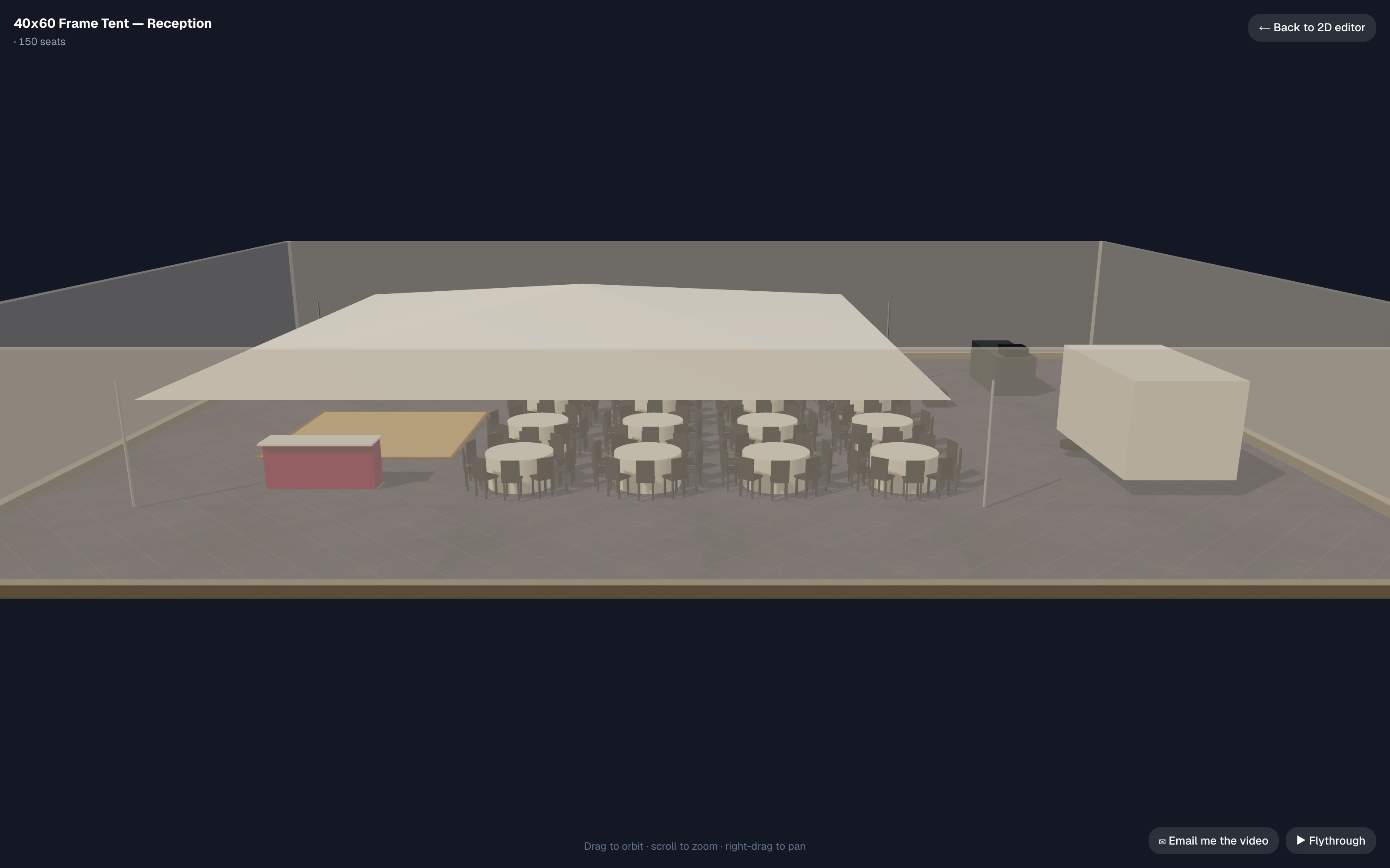 EventDiagram's 3D walkthrough under the open-sided 40′ × 60′ frame tent: canopy overhead, rounds and chairs beneath, bar and dance floor to the left, restroom trailer and generator outside to the right
